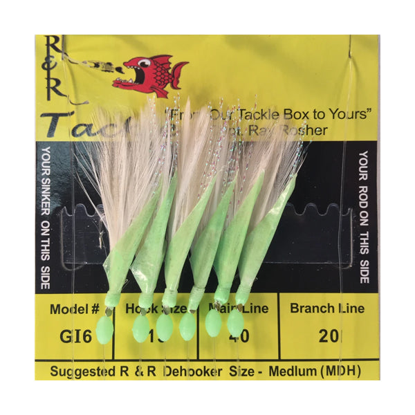 R&R Tackle Large Bait Rig With White Feather And Glow Fish Skin - 6 Hooks Size 15 - shopbulluna.com