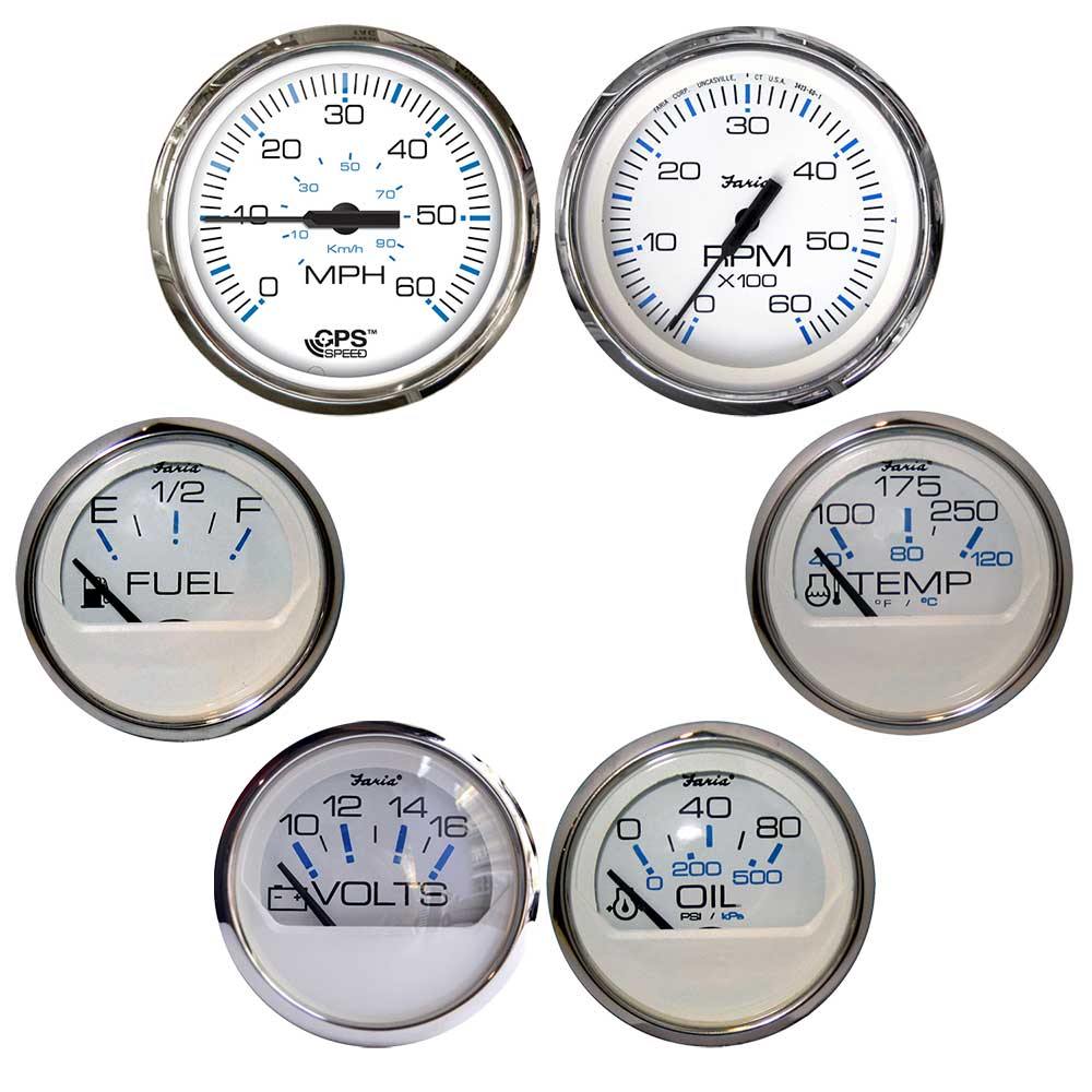 Faria Chesapeake White w/Stainless Steel Bezel Boxed Set of 6 - Speed, Tach, Fuel Level, Voltmeter, Water Temperature  Oil PSI - Inboard Motors [KTF063] - shopbulluna.com