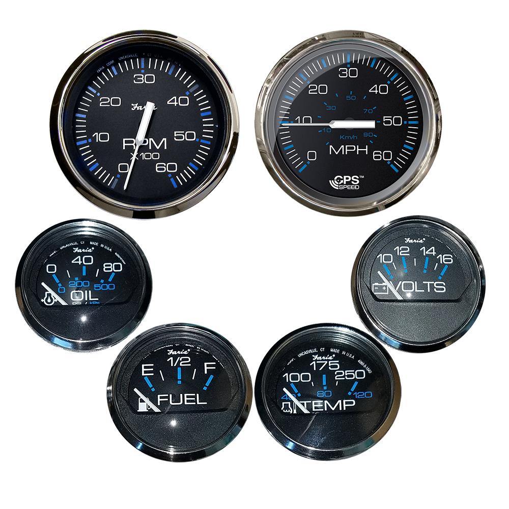 Faria Chesapeake Black w/Stainless Steel Bezel Boxed Set of 6 - Speed, Tach, Fuel Level, Voltmeter, Water Temperature  Oil PSI - Inboard Motors [KTF064] - shopbulluna.com