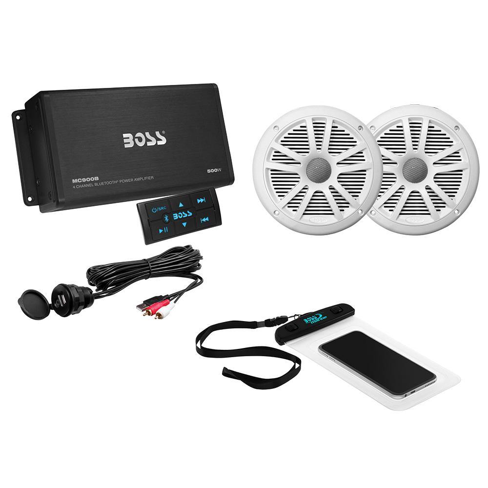 Boss Audio ASK902B.6 Package w/4-Channel Bluetooth Amplifier w/Remote, 2 MR6W 6.5" White Speakers, USB/AUX Input  Waterproof Case [ASK902B.6] - shopbulluna.com