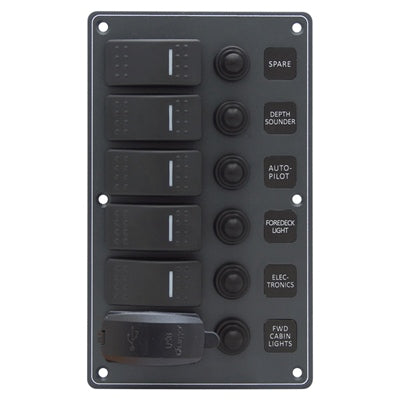 Marpac Water Resistant Aluminum Switch Panel With USB Charger - 5 Switches - 4-31/64 x 7-33/64 Inches - shopbulluna.com