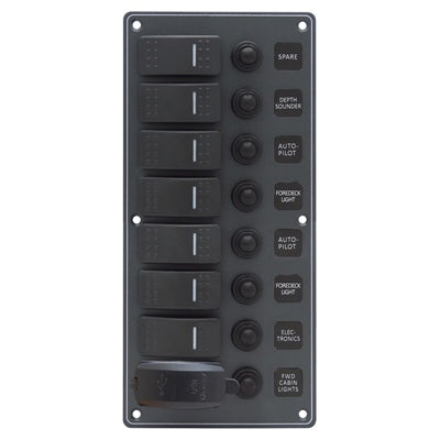 Marpac Water Resistant Aluminum Switch Panel With USB Charger - 7 Switches - 4-31/64 x 9-3/8 Inches - shopbulluna.com