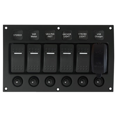 Marpac Water Resistant Curved Aluminum Switch Panel With USB Charger - 5 Switches - 4-31/64 x 7-33/64 Inches - shopbulluna.com