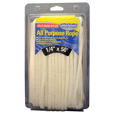 Marpac Solid Braid Nylon All Purpose Rope - 1/4 Inch x 50 Feet - White - shopbulluna.com